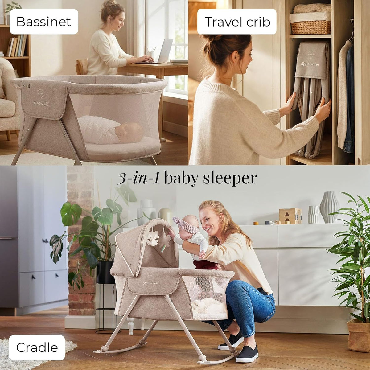 Kinderkraft LOVI Travel Bassinet for Baby, Beige