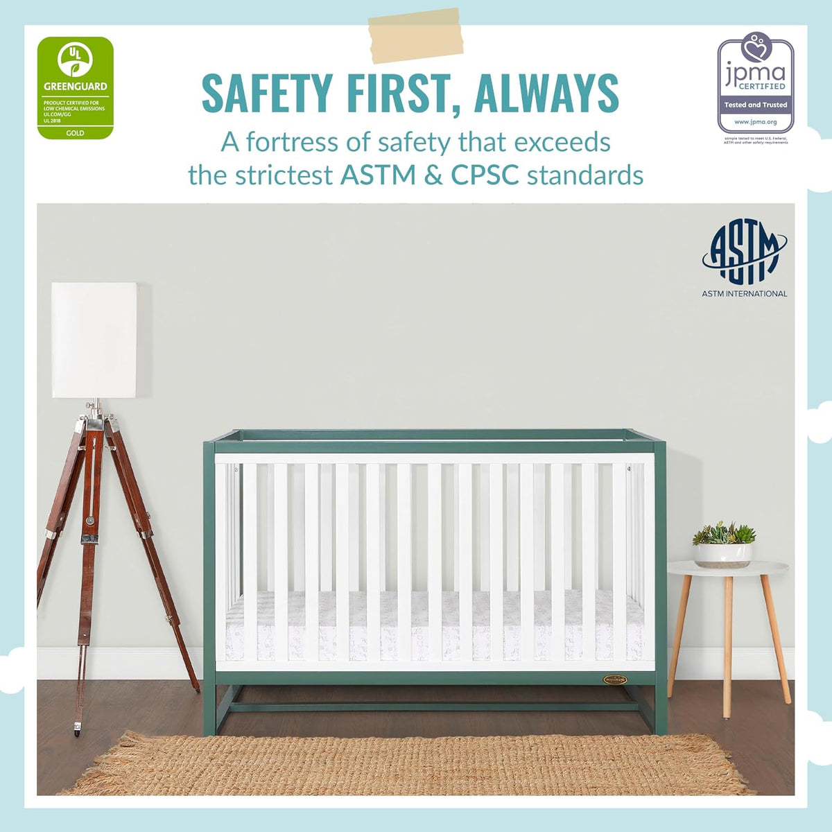Dream On Me Arlo 5-in-1 Convertible Full-Size Baby Crib in Jungle Green, GreenGuard Gold & BSA, Converts to Toddler, Day & Full-Size Bed, 3 Mattress Heights, Non-Toxic Finish, Sustainable Pinewood