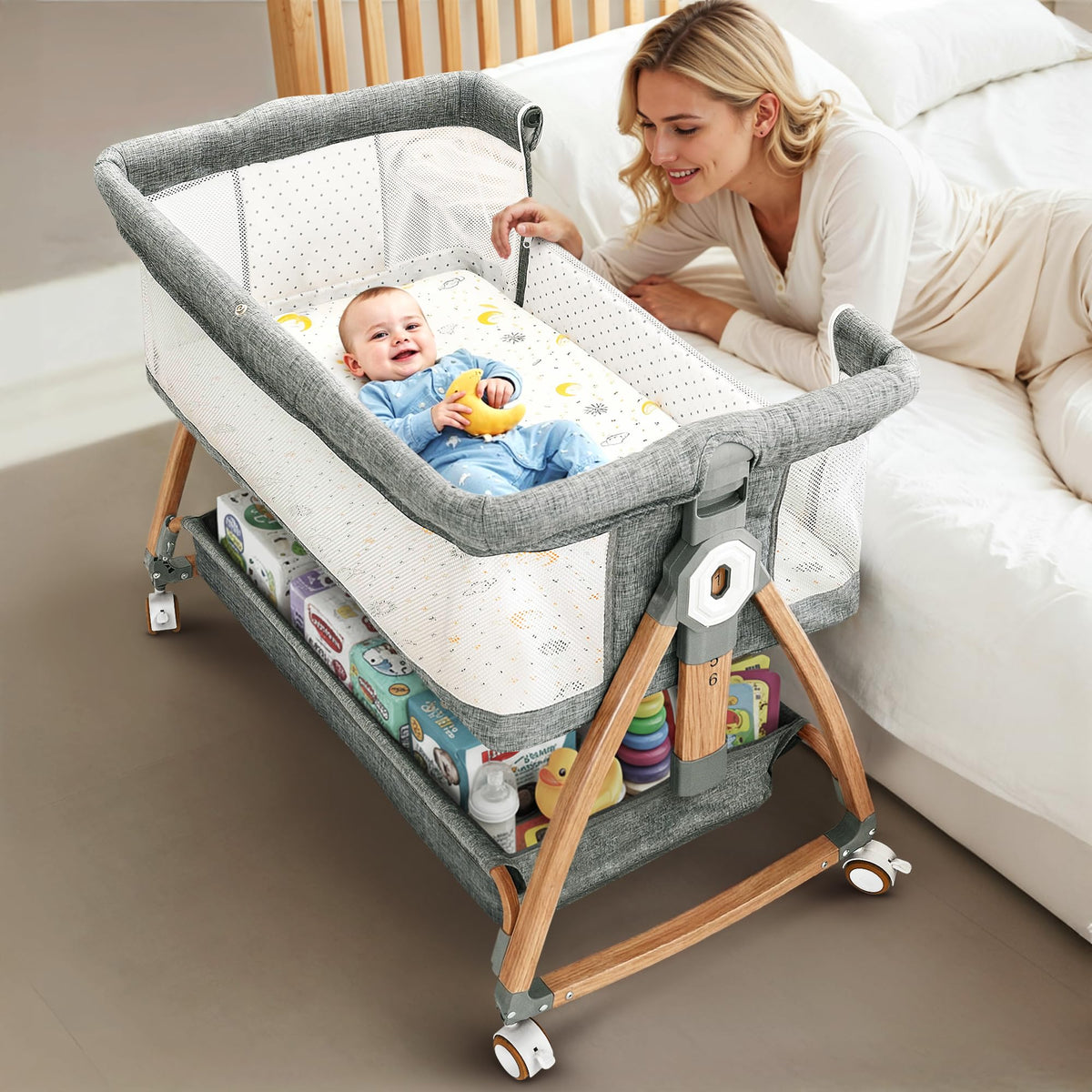 Earth&ME Baby Bassinet Bedside Sleeper with Rocking - All Mesh Portable Bedside Crib for Safe Co-Sleeping, Storage Basket and Wheels, Adjustable Height, Includes Travel Bag, Mosquito Net (Whate, Grey)