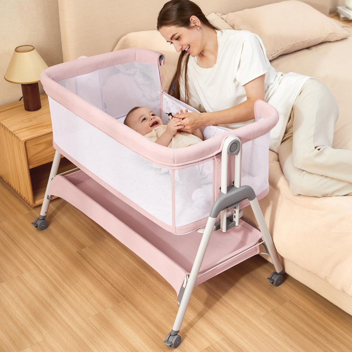 ANGELBLISS Baby Bassinet Bedside Sleeper with Wheels, 6 Heights (Beige)