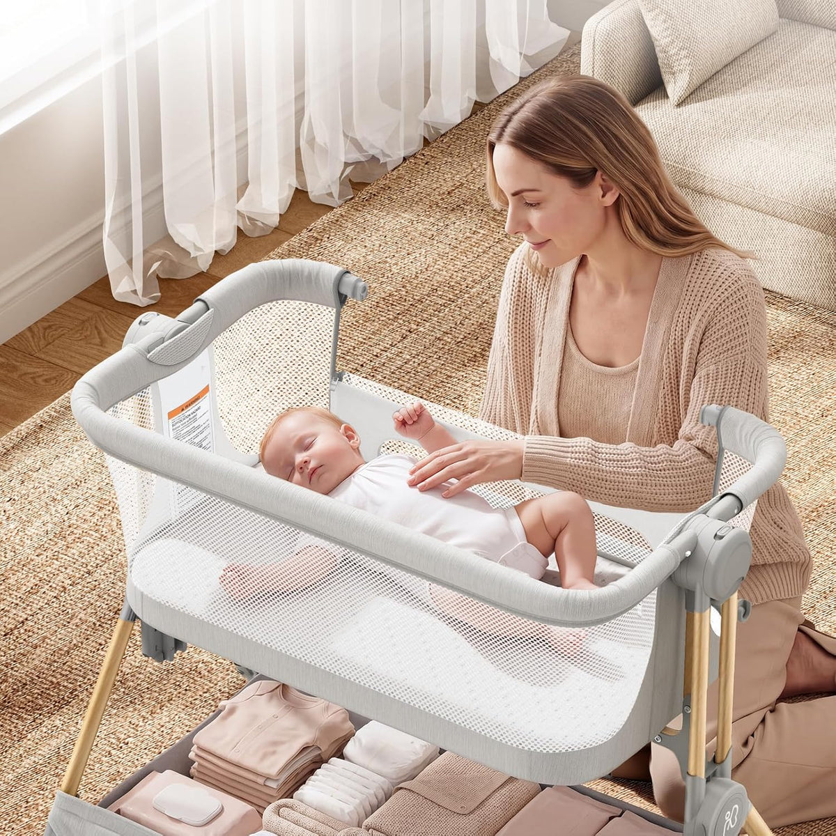 ANGELBLISS Baby Bassinet, 3-in-1 Bedside Sleeper, One-Click Foldable Crib