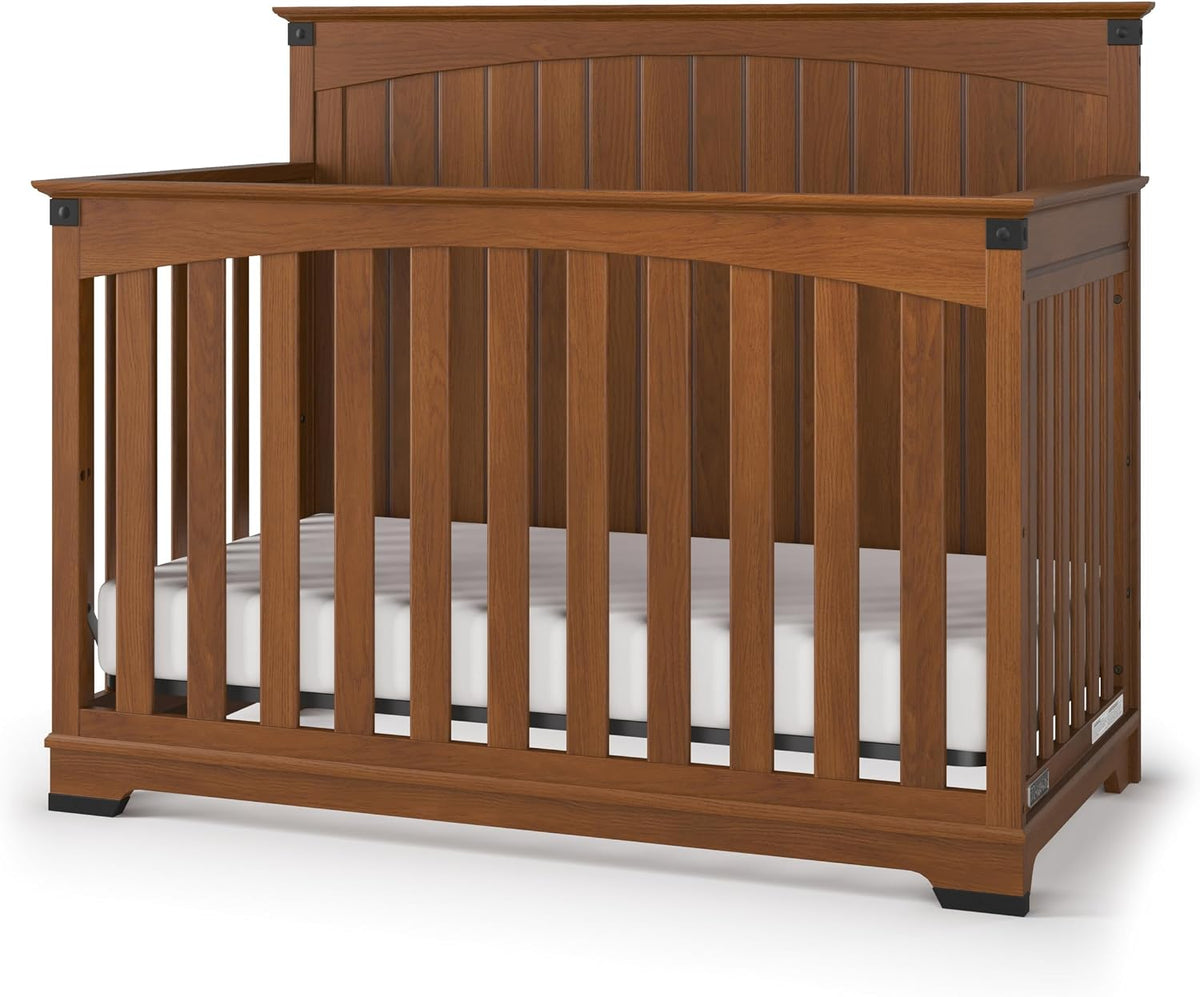 Child Craft Redmond 4-in-1 Convertible Baby Crib, Wood Nursery Furniture Converts to Toddler Bed, Daybed & Full Bed, Adjustable Mattress Heights, Rustic Style, Non-Toxic Baby Safe Finish, Coach Cherry