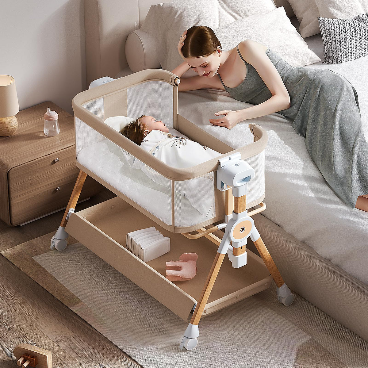 3 in 1 Baby Bassinet,Bedside/Rocking Bassinet for Baby,Bedside Crib with lockable Wheels,Waterproof Mattress,Adjustable 6 Heights,Portable Bassinets Bedside Sleeper for Newborn Infant-Beige
