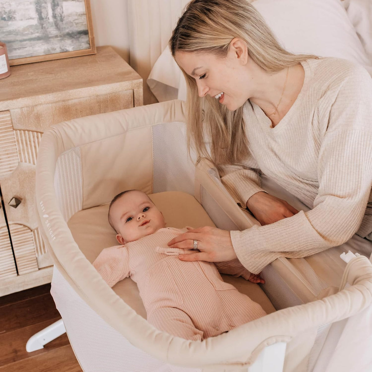 Baby Delight Beside Me Serenity Bassinet | Lightweight Bedside Sleeper & Baby Bassinet | 7-Position Height Adjustment | 100% GOTS Certified Organic Cotton Fabric | Organic Oat