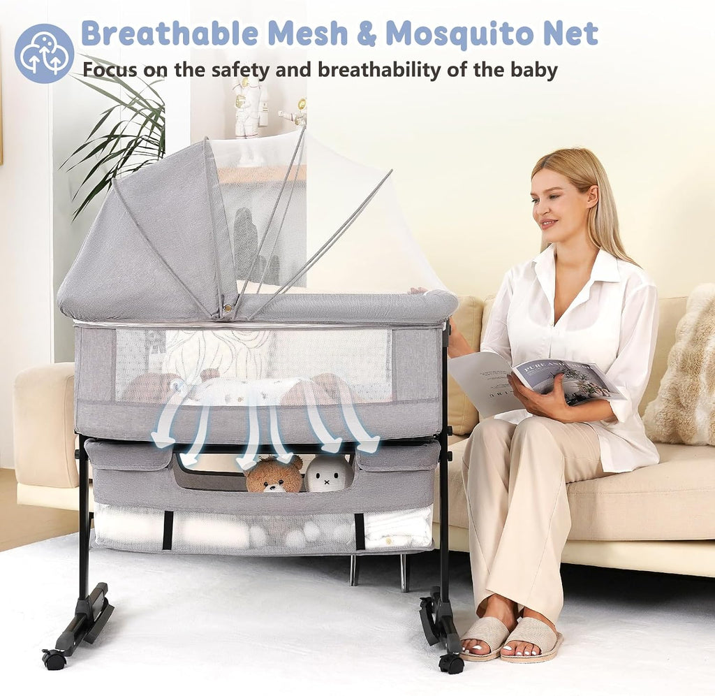 Semphis Baby Bassinet, 3 in 1 Bassinets Bedside Sleeper, Adjustable Height Bedside Sleeper with Rocking Mode, Breathable Mesh, Storage Basket, Wheels, Easy Assemble & Folding (Gray)