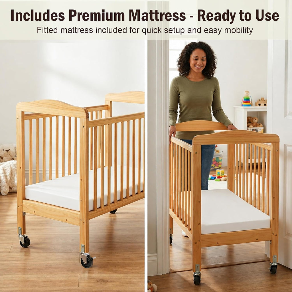 L.A. Baby Wooden Crib, Portable Mini Crib with Mattress Included