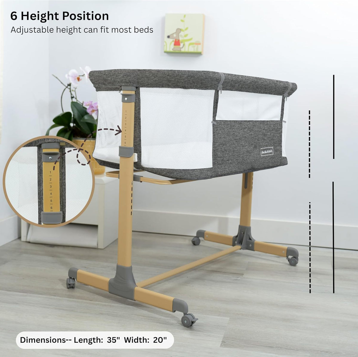 BaeBae Goods 3 in 1 Baby Bassinet with Wheels, Portable Bedside Sleeper for Baby with 6 Adjustable Heights and Foam Mattress, Baby Bedside Crib for Newborns and Infants