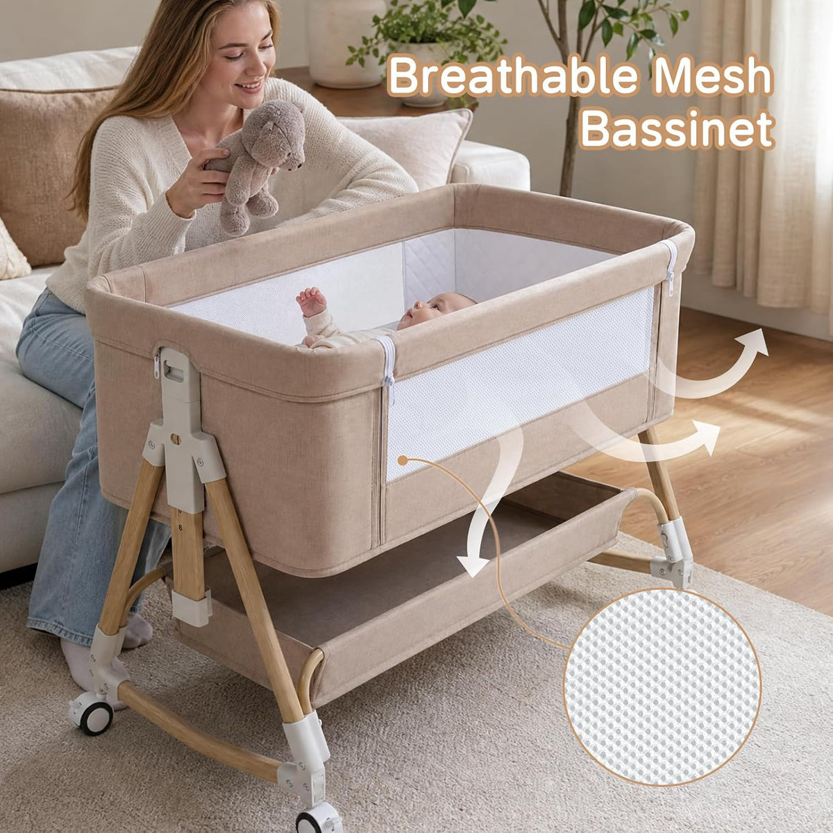Baby Bassinet, 3 in 1 Bedside Bassinets for Baby, 6 Height Adjustable Bassinet Bedside Sleeper with Mattress, Breathable Mesh, Lockable Univesal Wheels, Storage Basket, Easy to Assemble（Khaki）