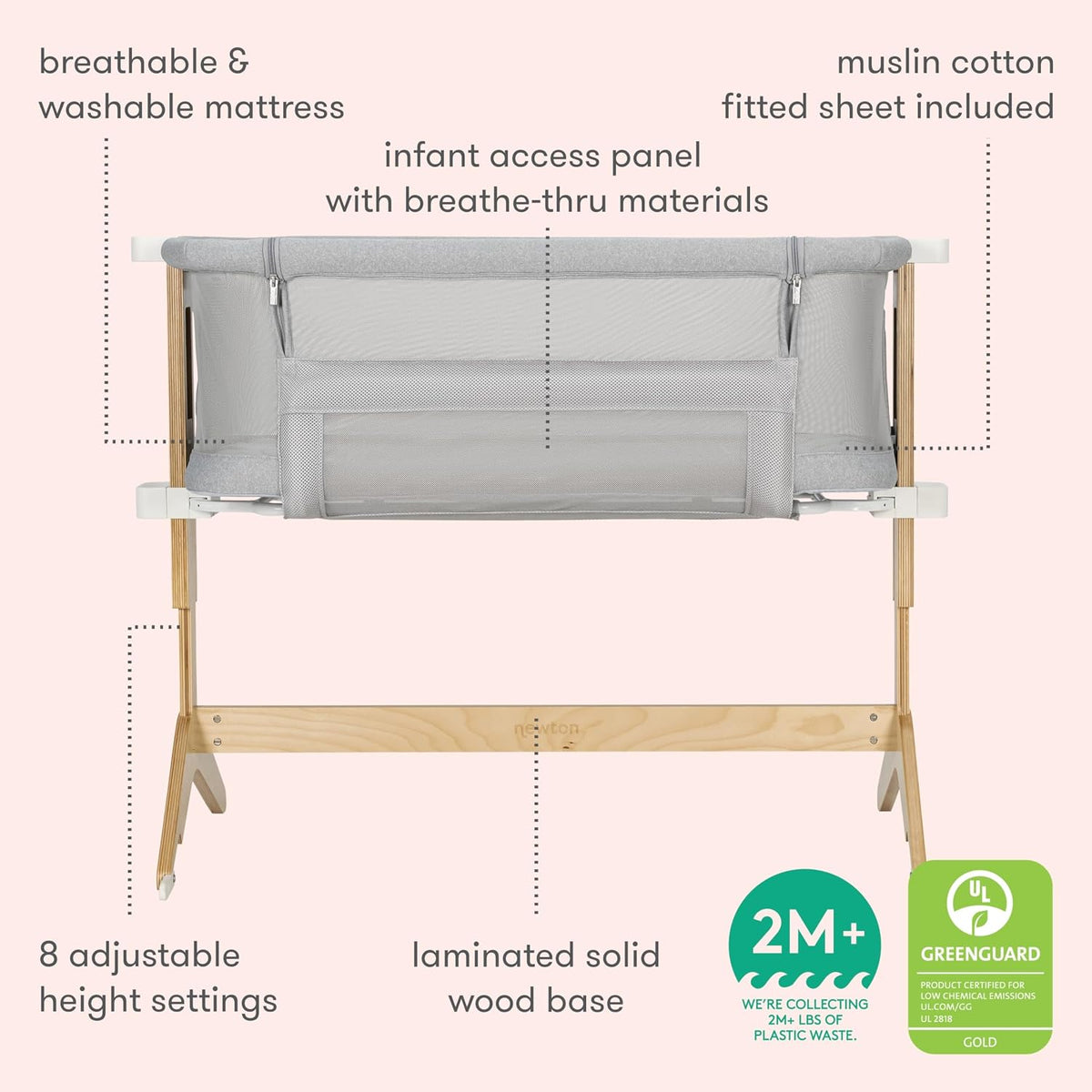 Newton Baby Bassinet & Bedside Sleeper, Breathable, Washable, Grey