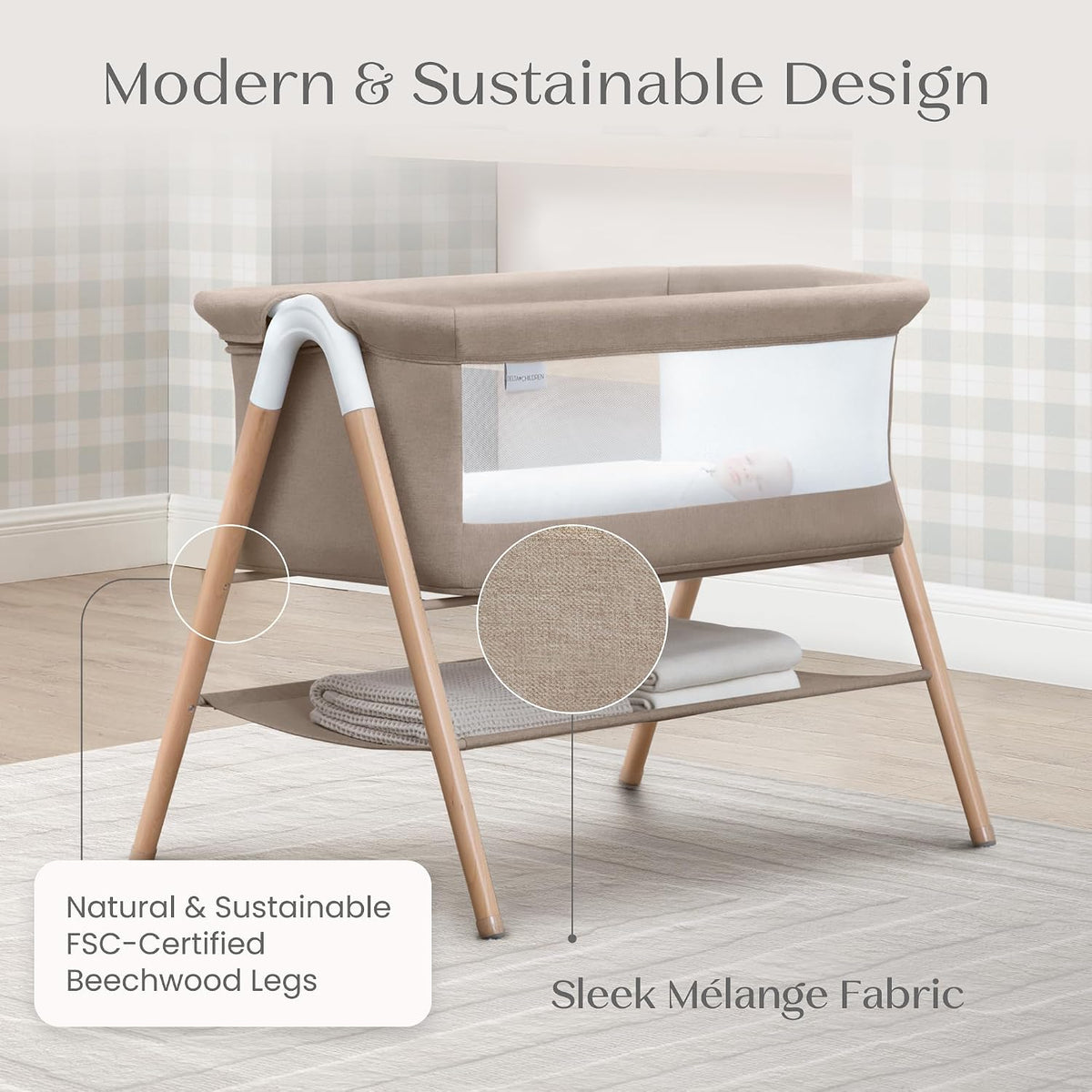 Delta Children Bondi Beechwood By The Bed Bassinet with PureAir Breathable Mesh Sheet and FSC-Certified Wood, Tan