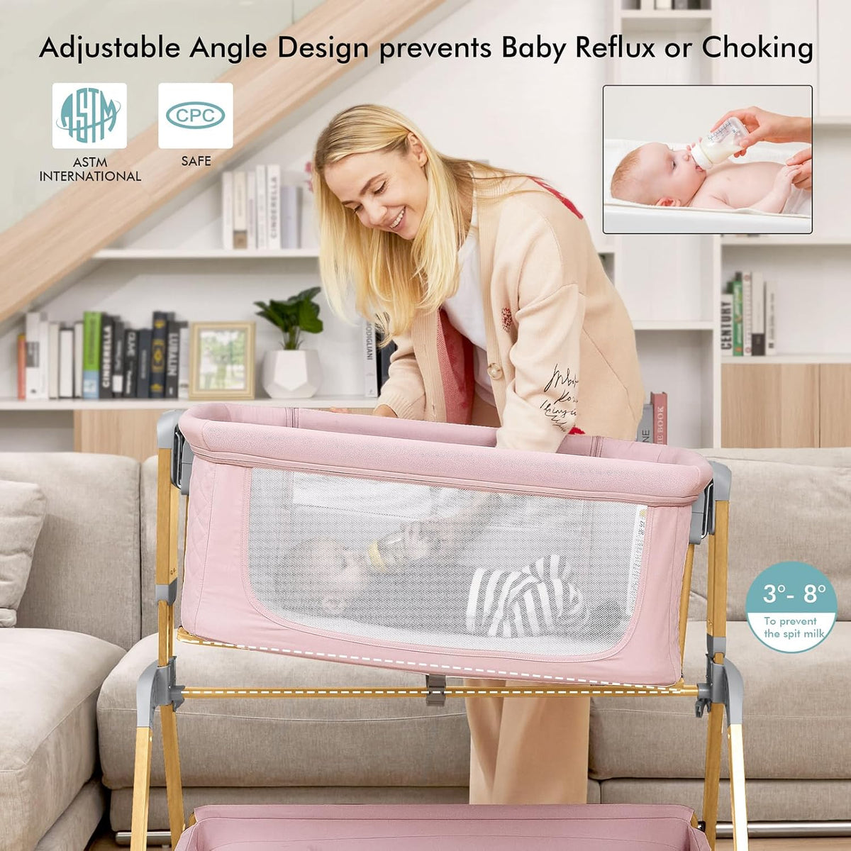 TotRun Bassinet Bedside Sleeper, Rocking Bassinets with Comfy Mattress and Wheels for Newborn, 5-Height Adjustable (Pink)