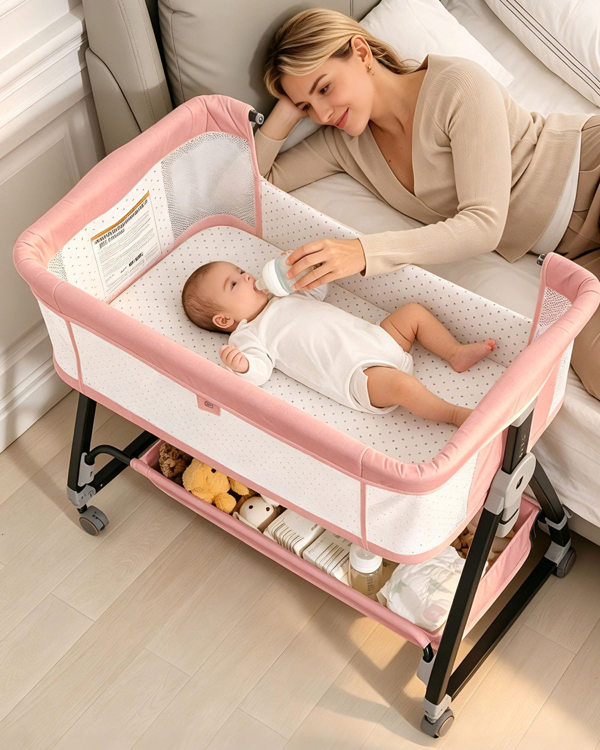 Baby Bassinets Bedside Sleeper with Wheels and Mattress, Cosleeping Baby Bed with Storage, Co-Sleeper Bassinet Attach to Bed, Bed Side Crib with Breathable Mesh, Height Adjustable (Pink)