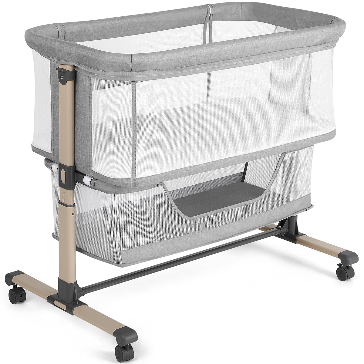 Cowiewie Bassinet Bedside Sleeper, Breathable and Adjustable, Light Grey