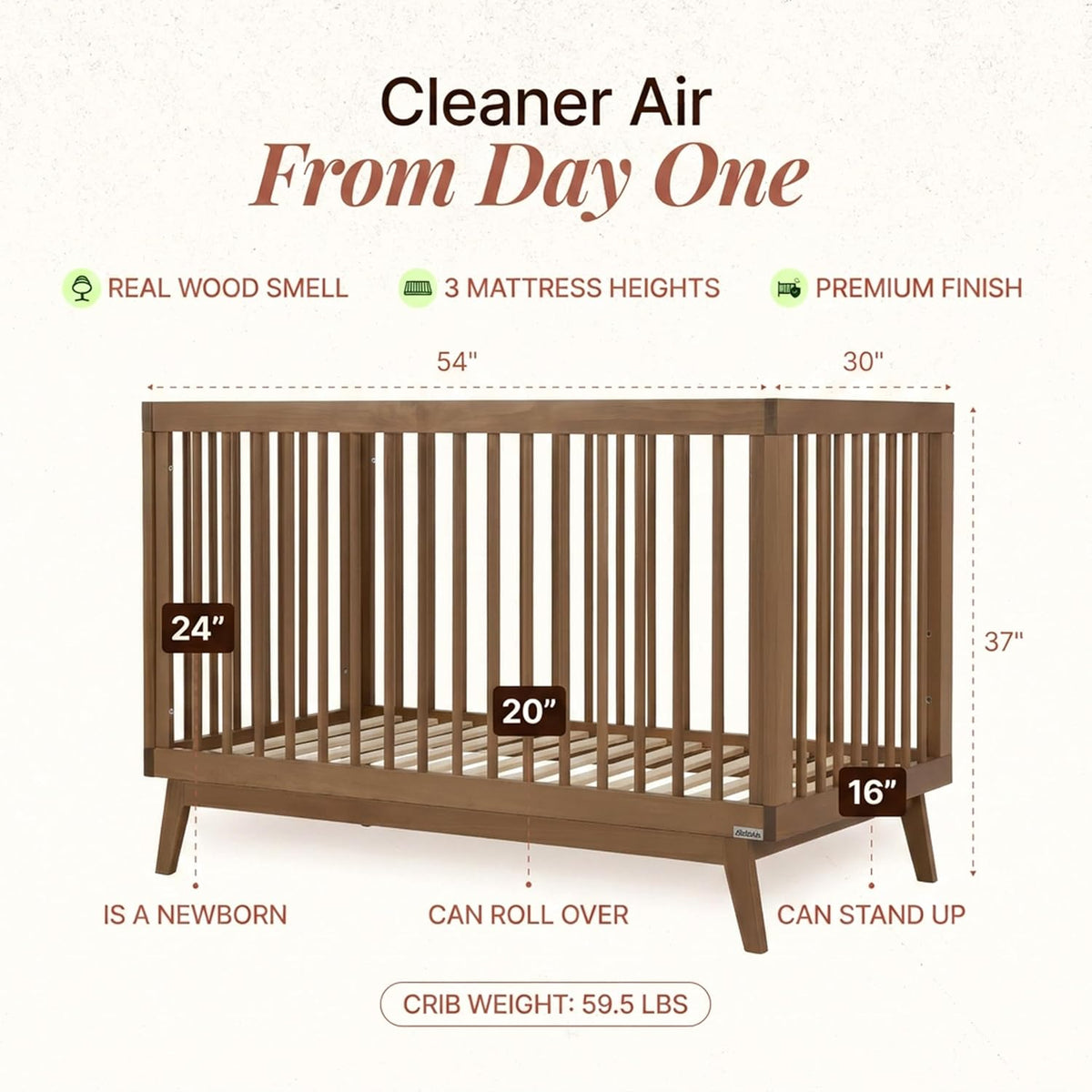 dadada Baby Soho 3-in-1 Convertible Wood Crib Bed, Made in Italy, Walnut