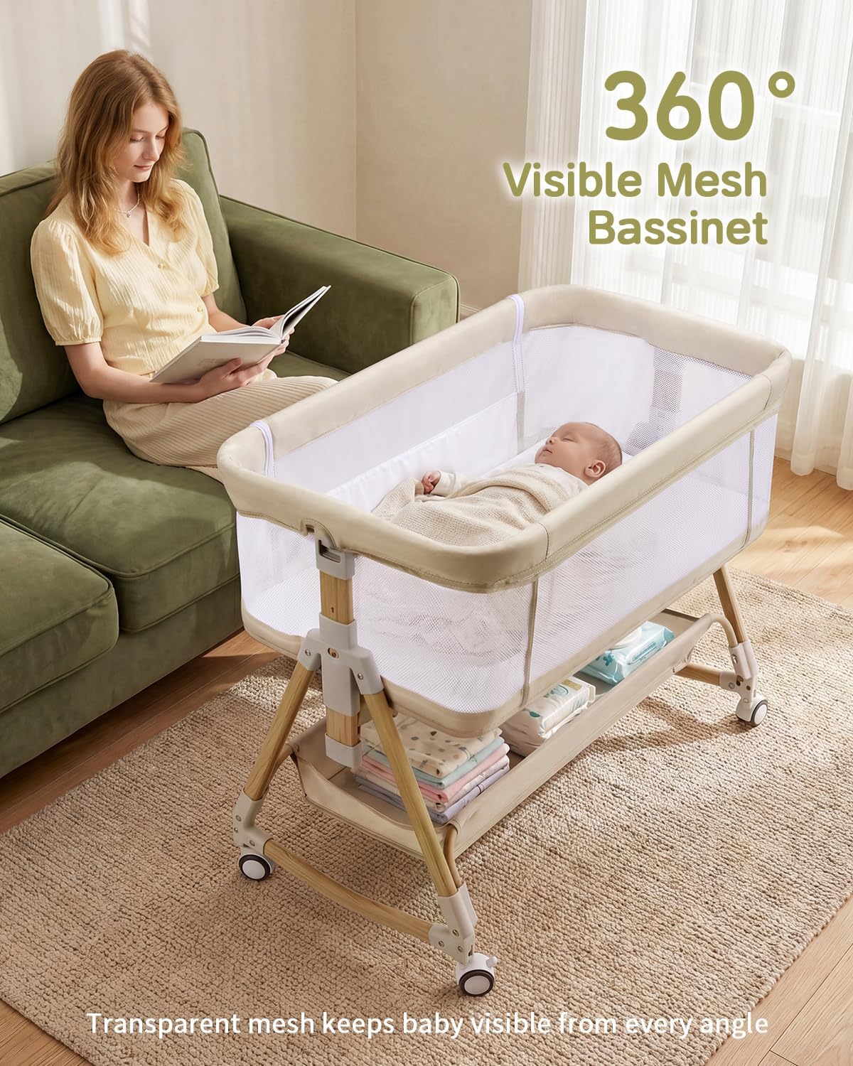 Baby Bassinet Bedside Crib, 3-in-1 Baby Bassinet Bedside Sleeper，Rocking Bedside Bassinet with Wheels, Adjustable Easy Folding Portable Bed for Infant Newborn (Beige)