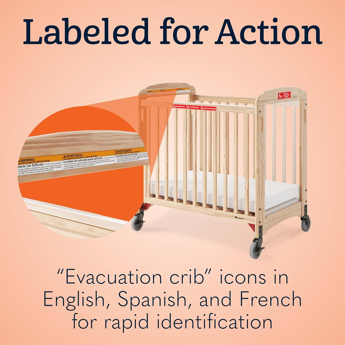 Foundations First Responder Evacuation Fixed-Side Daycare Crib, Natural