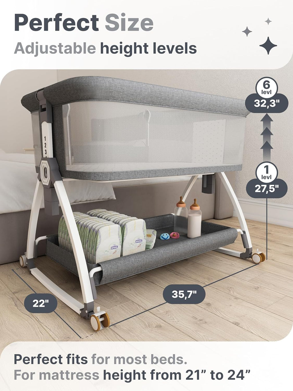 Earth&ME Baby Bassinet Bedside Sleeper with Rocking - All Mesh Portable Bedside Crib for Safe Co-Sleeping, Storage Basket and Wheels, Adjustable Height, Includes Travel Bag, Mosquito Net (Whate, Grey)