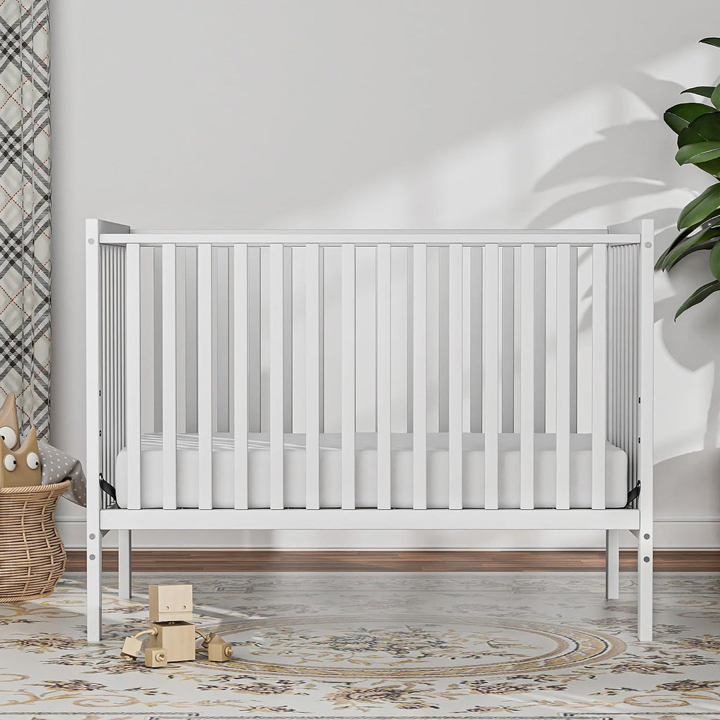 Baby Crib 5-in-1 Convertible, Wood Full Size Toddler Bed for Small Baby, Made of Sustainable Natural Pinewood Cribs, Non-Toxic Finish, Simplistic Nursery Furniture (White)