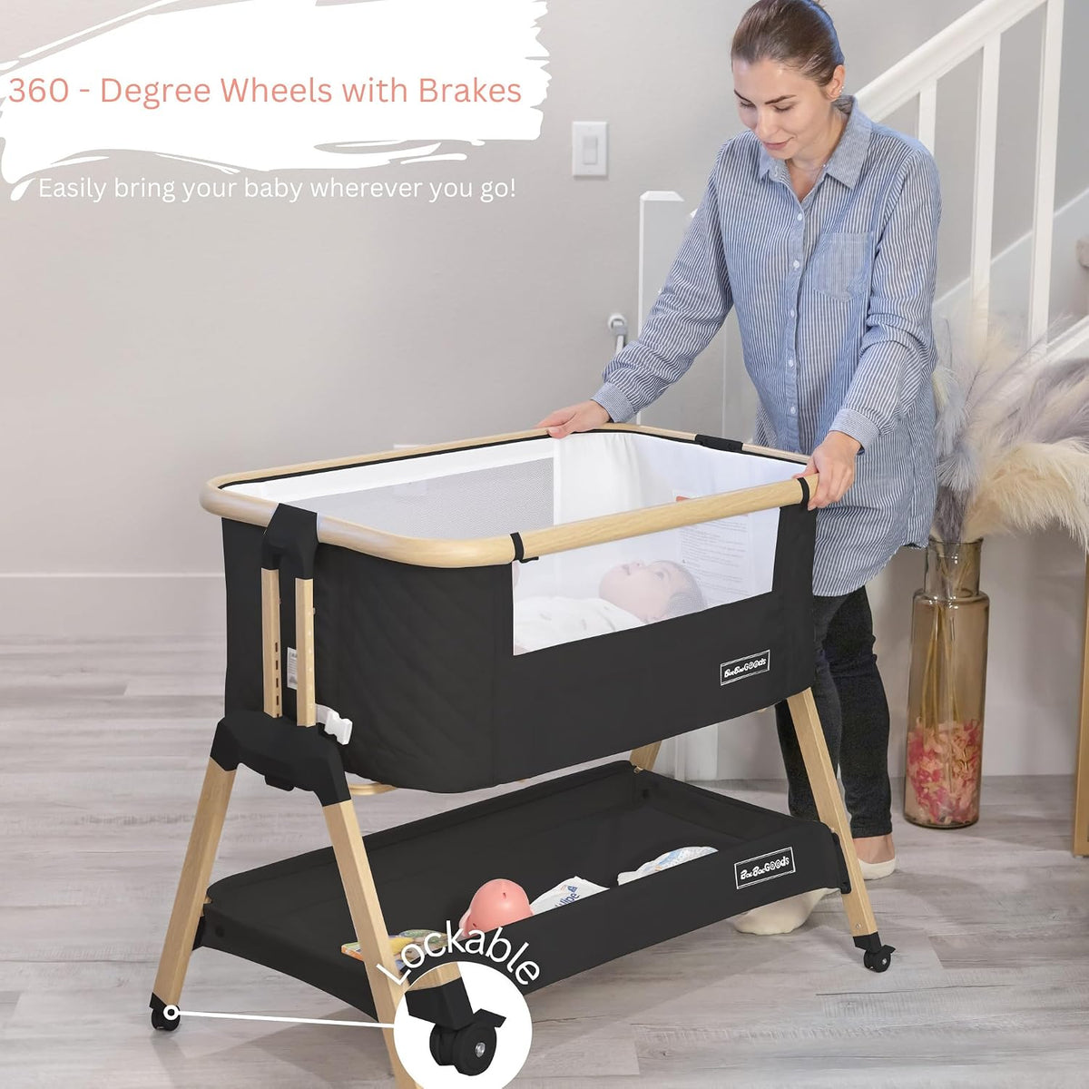 3 In 1 Baby Bassinet with Wheels, Portable Bedside Sleeper for Baby with 7 Adjustable Heights and Foam Mattress, Baby Bedside Crib for Newborns and Infants with Storage Basket, Carry Bag Included