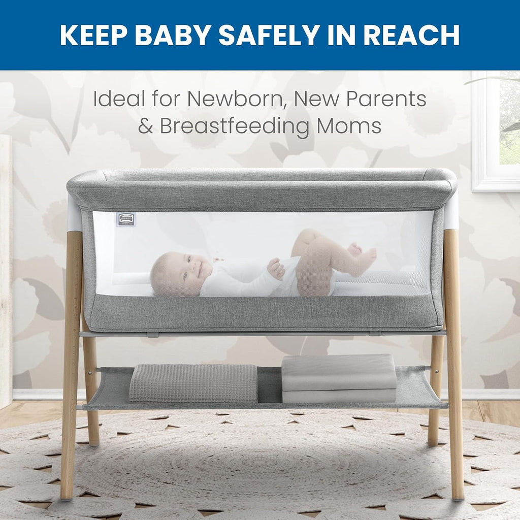 Simmons Kids Koi by The Bed Bassinet with Breathable Mesh and Natural Beechwood Legs, Dove Grey