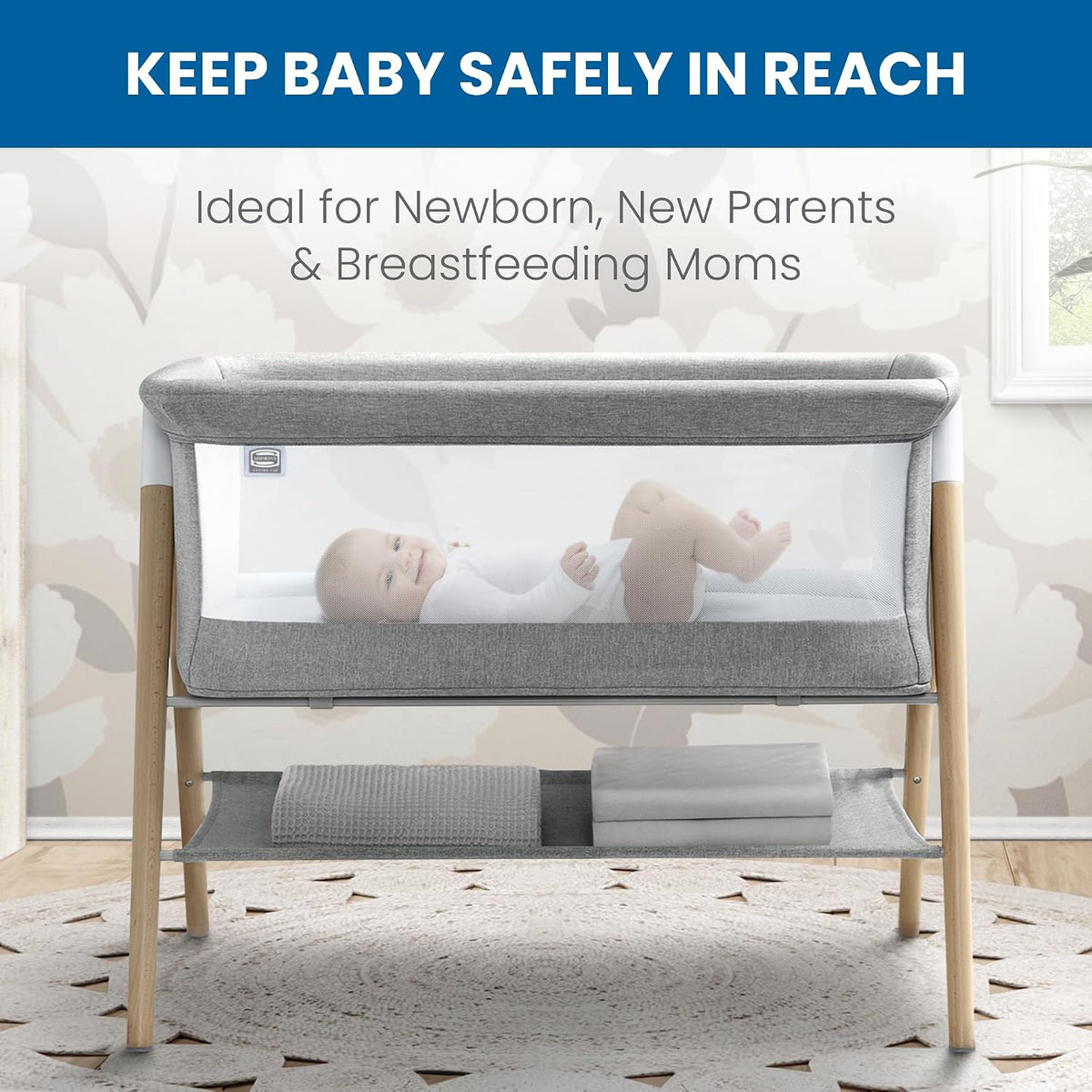Simmons Kids Koi by The Bed Bassinet with Breathable Mesh and Natural Beechwood Legs, Dove Grey