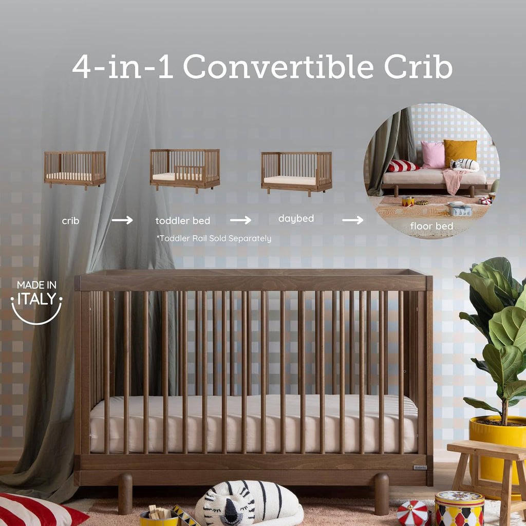dadada Baby Bliss 4-in-1 Convertible Wood Crib Bed, Made in Italy, Walnut