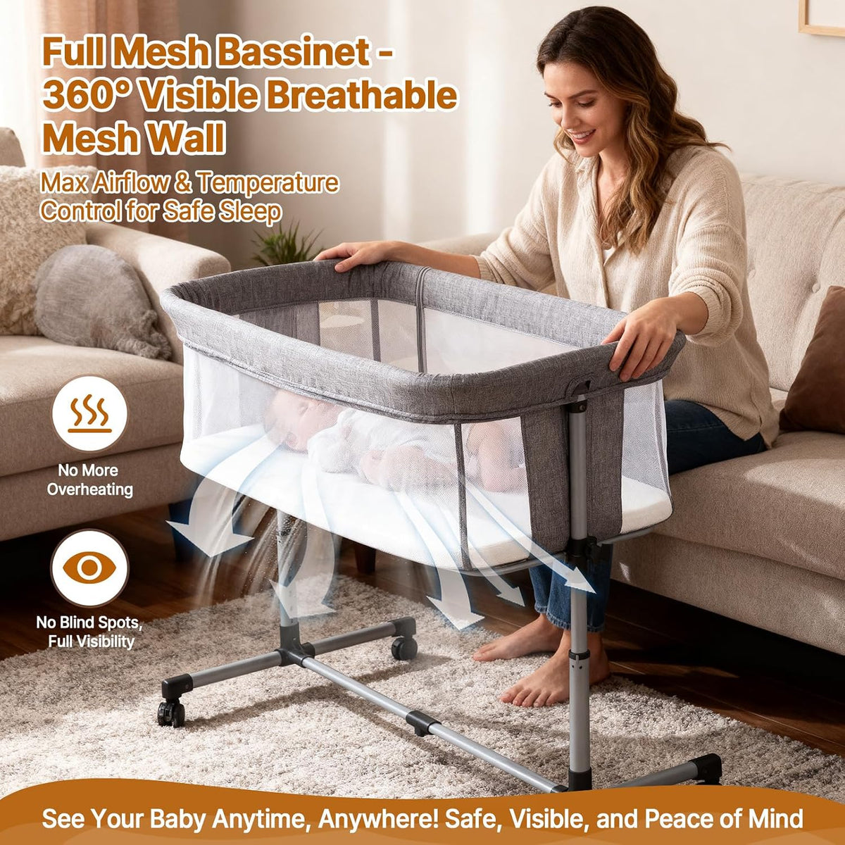 Baby Bassinet Bedside Sleeper, 2-in-1 Bedside Bassinet for Baby, Bedside Sleeper with Mattress, Full Mesh Sides, 5 Height Adjustable, Stable and Secure Crib with Lockable Wheels for Newborn