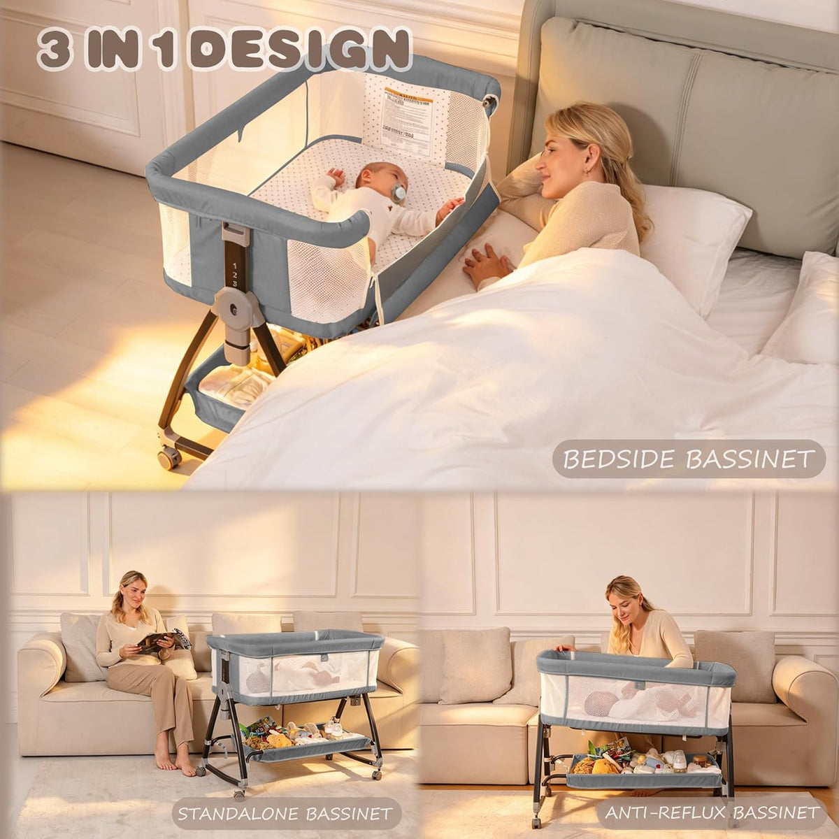 Baby Bassinets Bedside Sleeper with Wheels and Mattress, Cosleeping Baby Bed with Storage, Co-Sleeper Bassinet Attach to Bed, Bed Side Crib with Breathable Mesh, Height Adjustable(Gray)