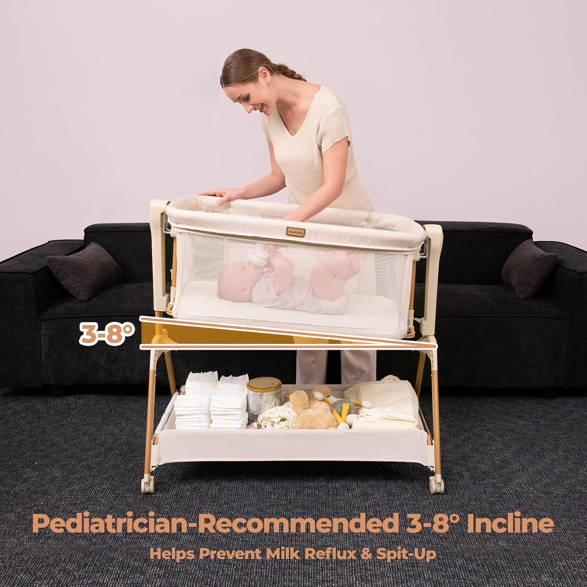 Ezebaby Baby Bassinet Bedside Sleeper: 3-in-1 Rocking Bassinet for Baby - Breathable Full-Mesh Crib with Mattress | 6 Height Adjustable | Portable Crib with Lockable Wheels for Newborns