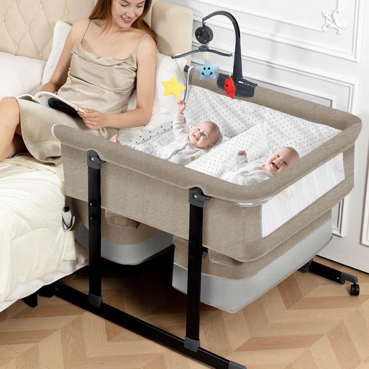 Twin Bassinet for 2 Babies with Music Toys for Newborns, Grey