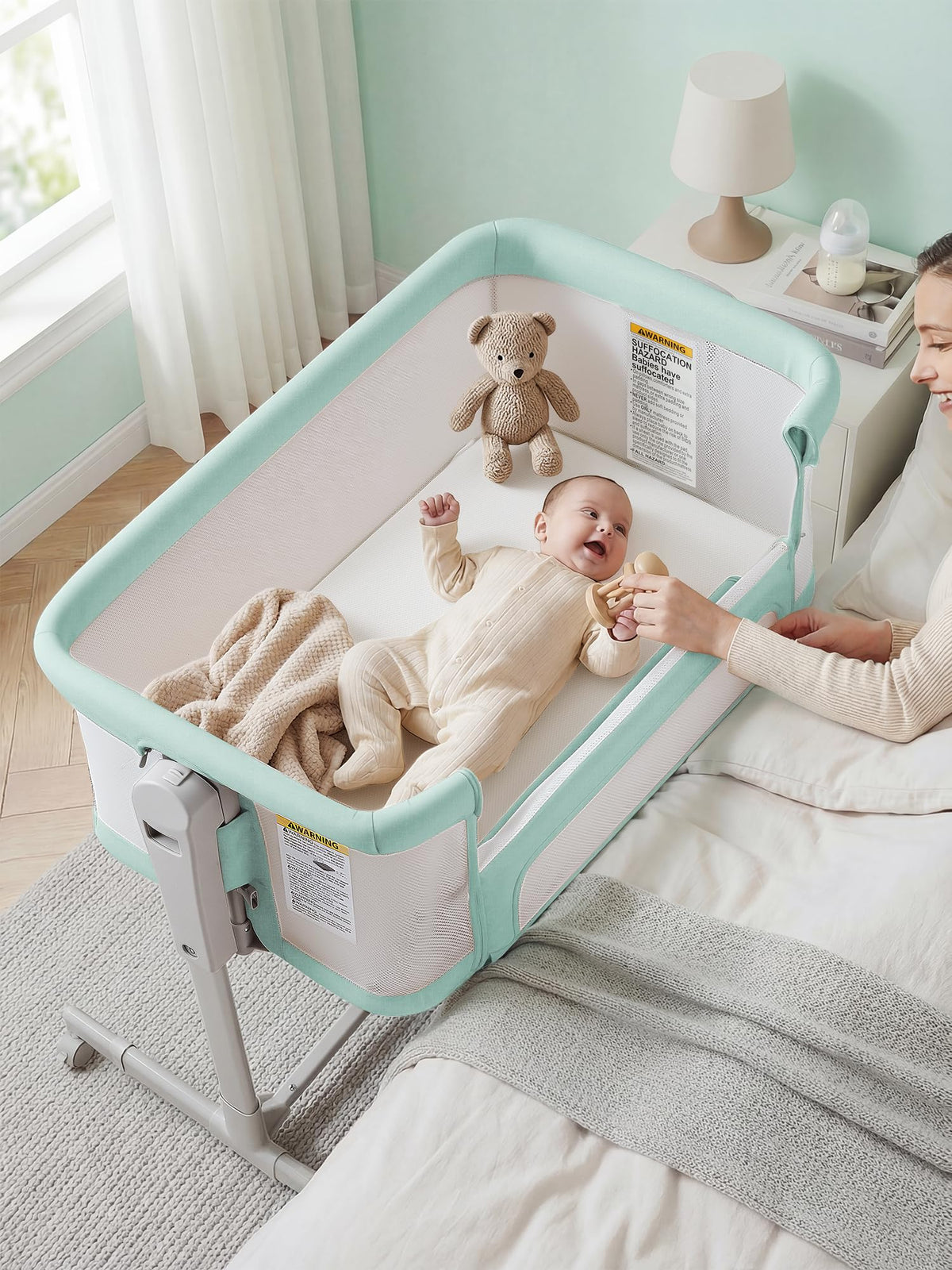 ONTHEWEI Baby Bassinet Bedside Sleeper 3-in-1, Easy Night Feeding with One-Side Fold & Rolling Wheels, Breathable Mesh, 6-Height Adjustable, Soft Mattress for Newborns