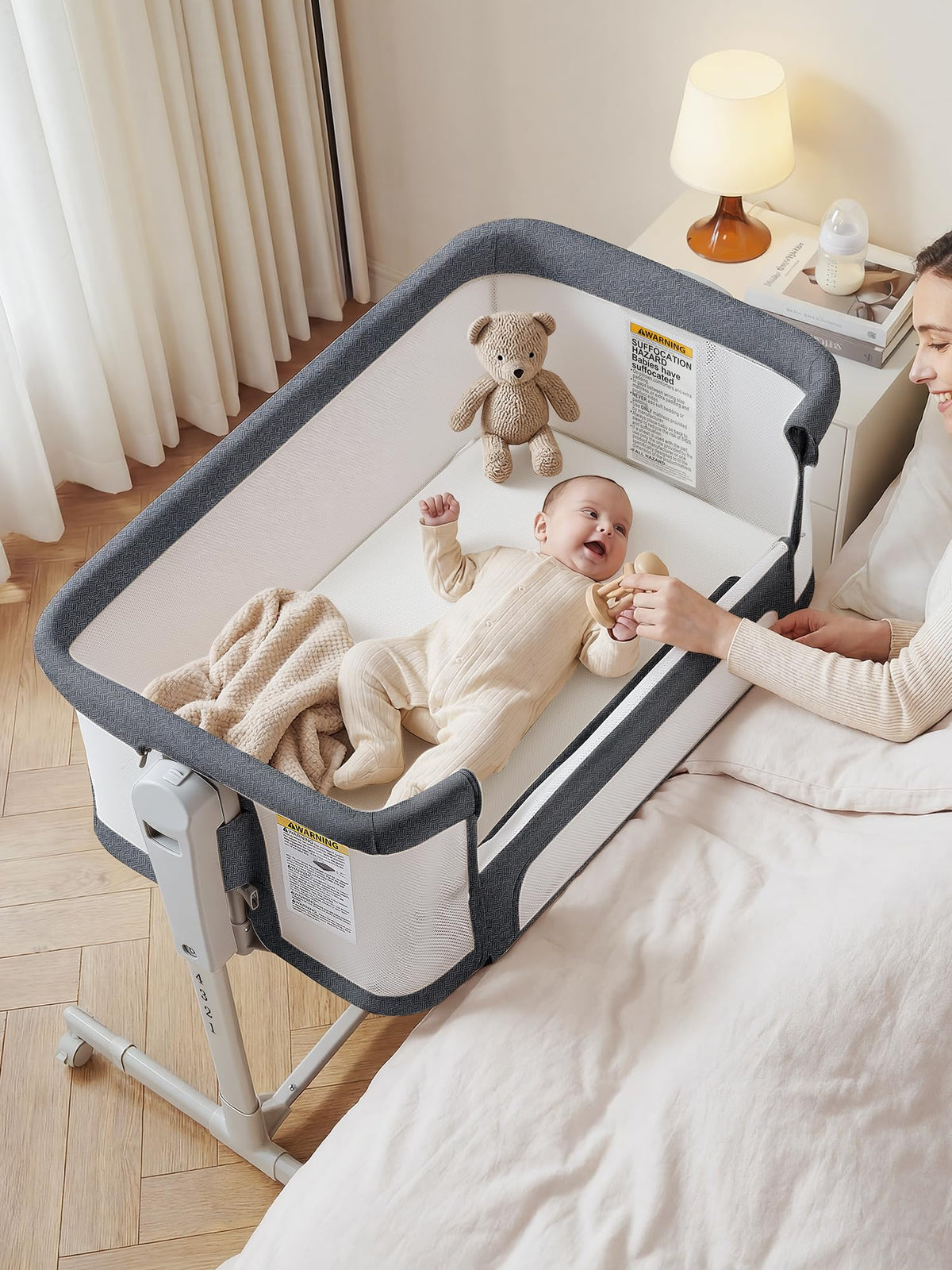 ONTHEWEI Baby Bassinet Bedside Sleeper 3-in-1, Easy Night Feeding with One-Side Fold & Rolling Wheels, Breathable Mesh, 6-Height Adjustable, Soft Mattress for Newborns