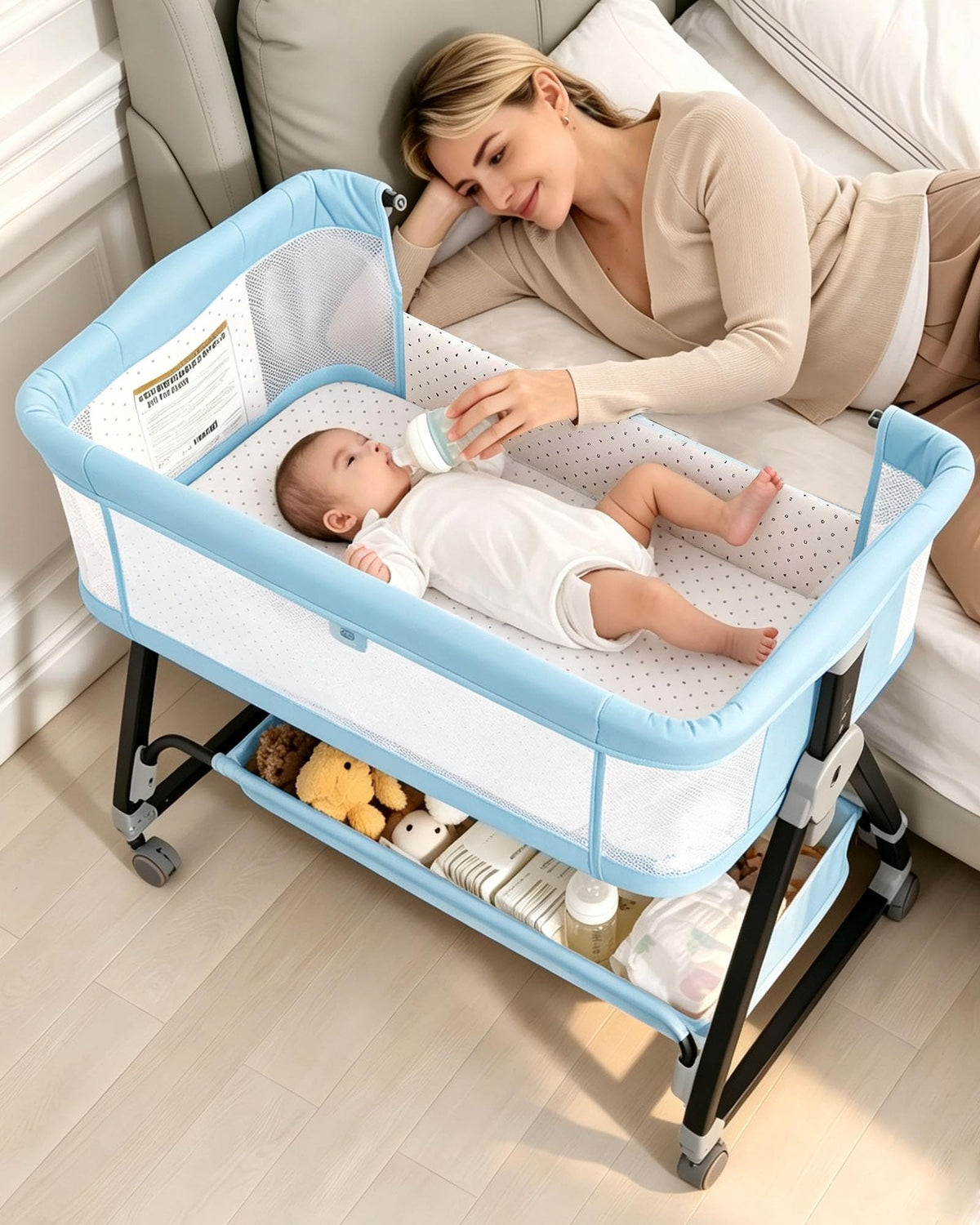 Baby Bassinets Bedside Sleeper with Wheels and Mattress, Cosleeping Baby Bed with Storage, Co-Sleeper Bassinet Attach to Bed, Bed Side Crib with Breathable Mesh, Height Adjustable (Black)