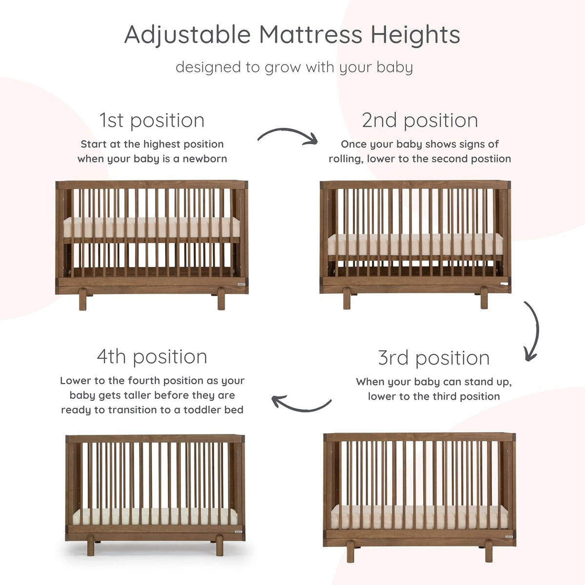 dadada Baby Bliss 4-in-1 Convertible Wood Crib Bed, Made in Italy, Walnut
