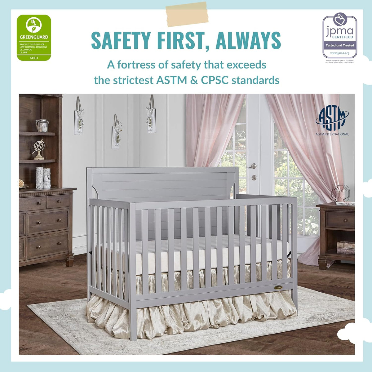 Dream On Me Cape Cod 5-In-1 Convertible Crib In Pebble Grey, Greenguard Gold And JPMA Certified, Built Of Sustainable New Zealand Pinewood, 3 Mattress Height Positions