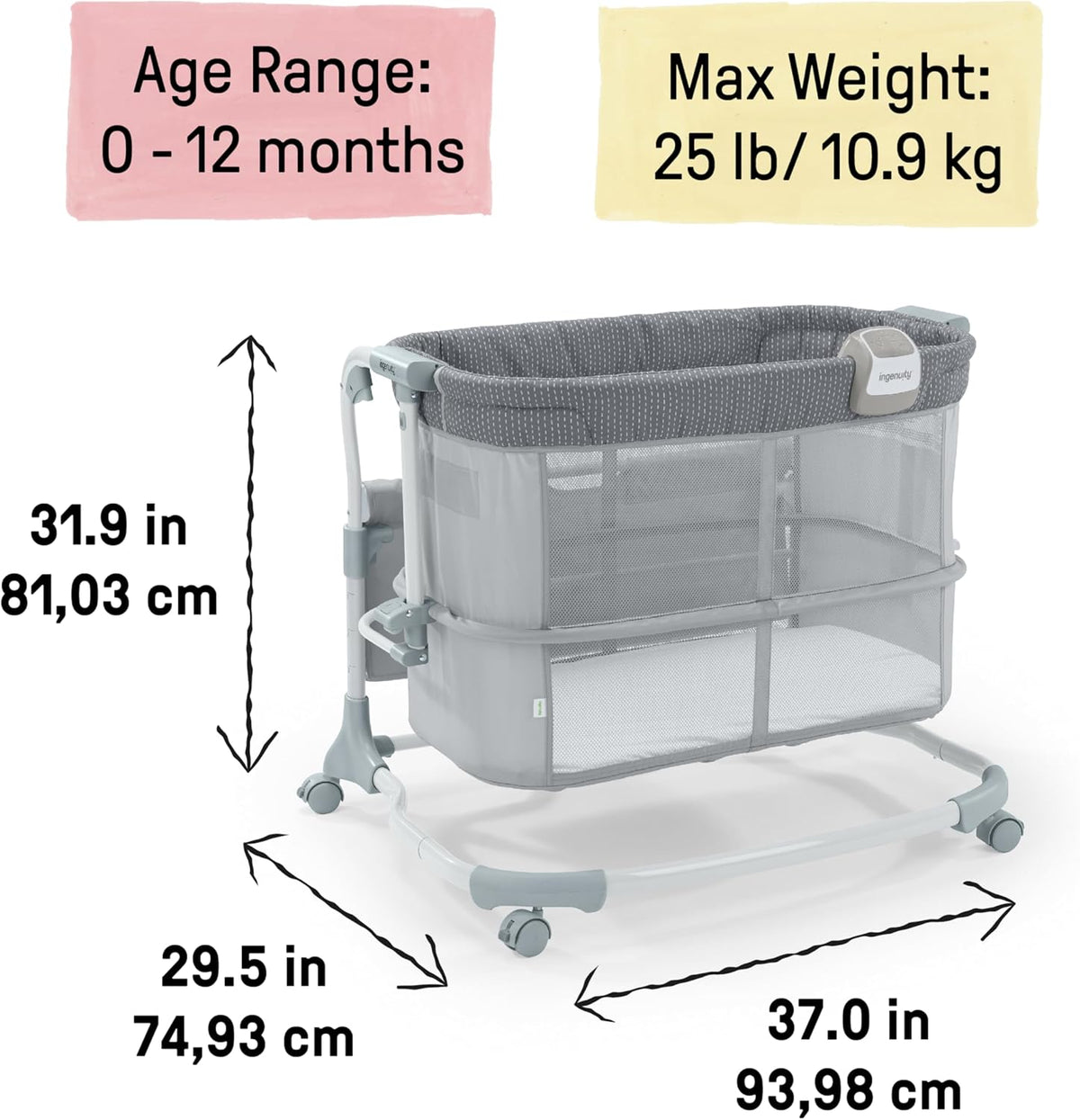 Ingenuity Dream & Grow Bedside Baby Bassinet with AirLoom Mattress, for Ages 0-12 Months, Adjustable Height - Handstitch (Grey)