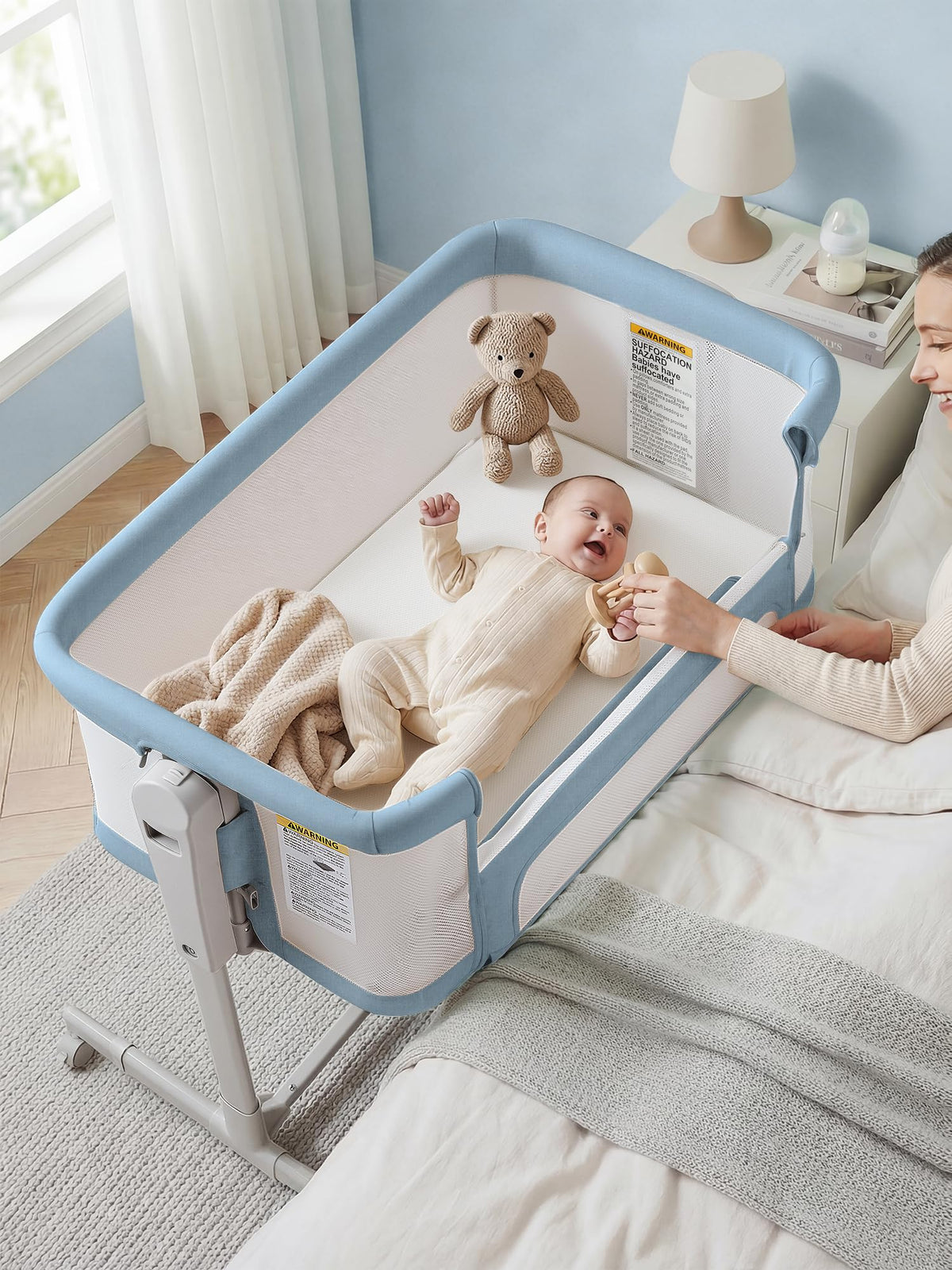 ONTHEWEI Baby Bassinet Bedside Sleeper 3-in-1, Easy Night Feeding with One-Side Fold & Rolling Wheels, Breathable Mesh, 6-Height Adjustable, Soft Mattress for Newborns