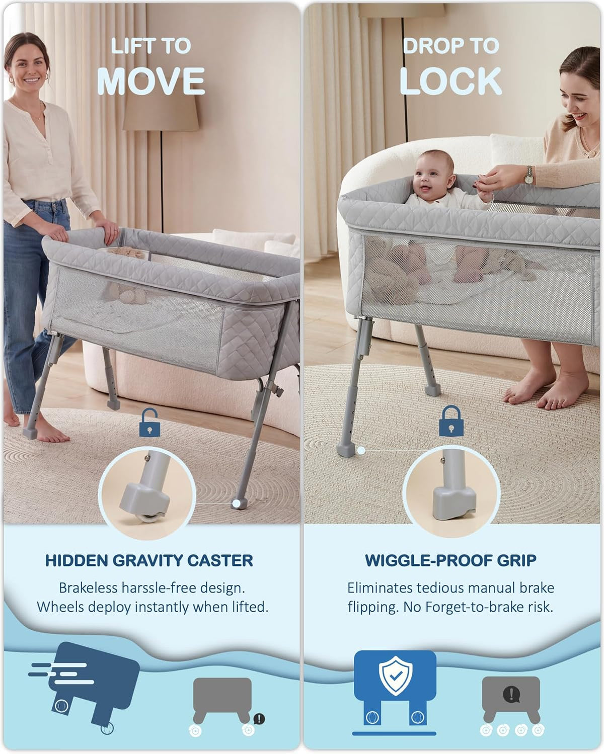 Bassinet Bedside Sleeper, Baby Crib for Newborn, Baby Bassinets Bedside Sleeper with 4 Auto-Lock & Adjustable Height, Breathable Mesh & Mattress, Bedside Bassinet