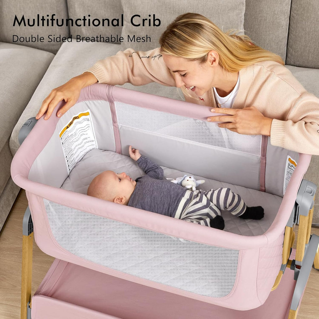 TotRun Bassinet Bedside Sleeper, Rocking Bassinets with Comfy Mattress and Wheels for Newborn, 5-Height Adjustable (Pink)