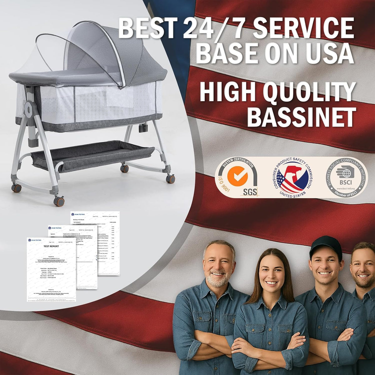 4-in-1 Baby Bassinet with Wheels, 6 Height Settings, Gray