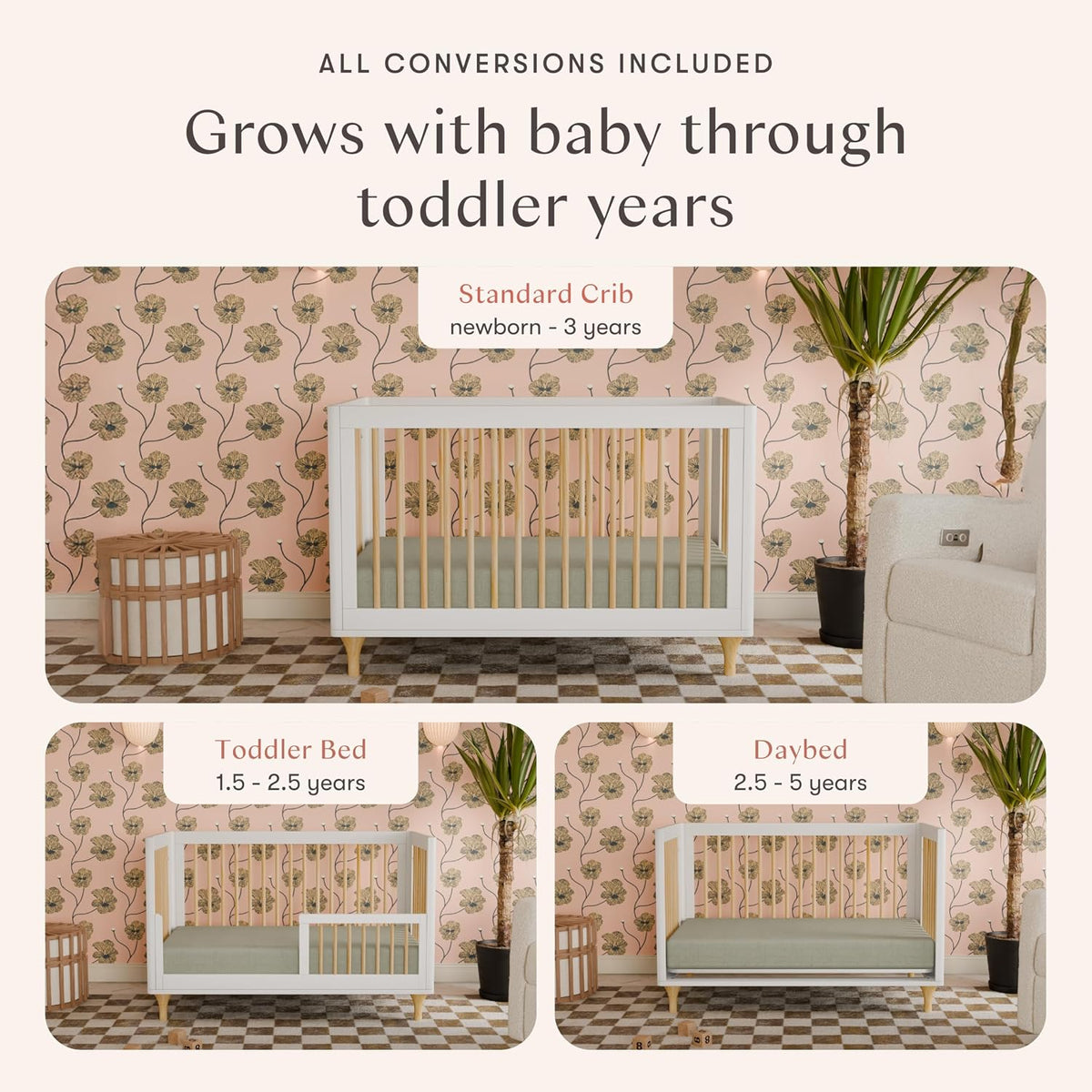 babyletto Lolly 3-in-1 Convertible Baby Crib, White and Natural