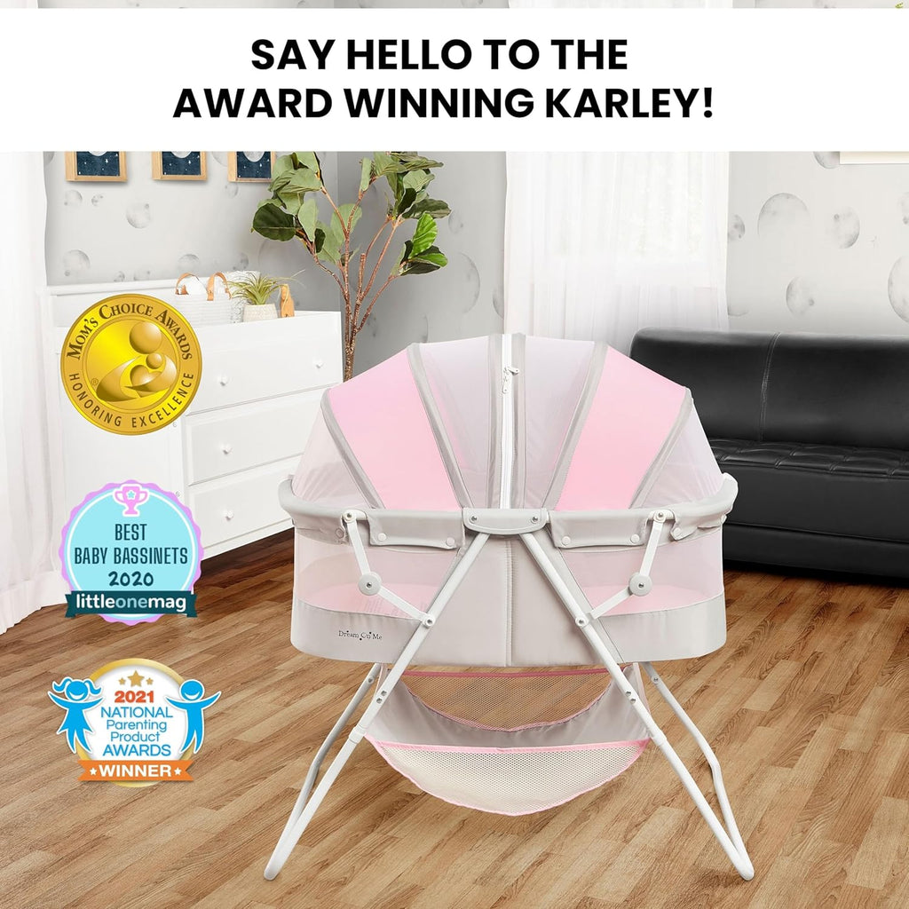 Dream On Me Karley Portable Infant Bassinet, Double Mesh Canopy, Grey and Pink