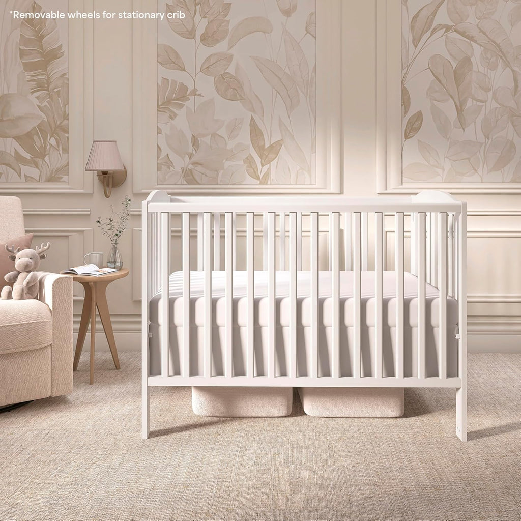 Dream On Me Folding Full Size Convenience Baby Crib with Durable Metal Wheels, Portable Space-Saving Design, 2 Adjustable Heights, Easy Fold Flat Storage, GREENGUARD Gold & BSA Certified, White