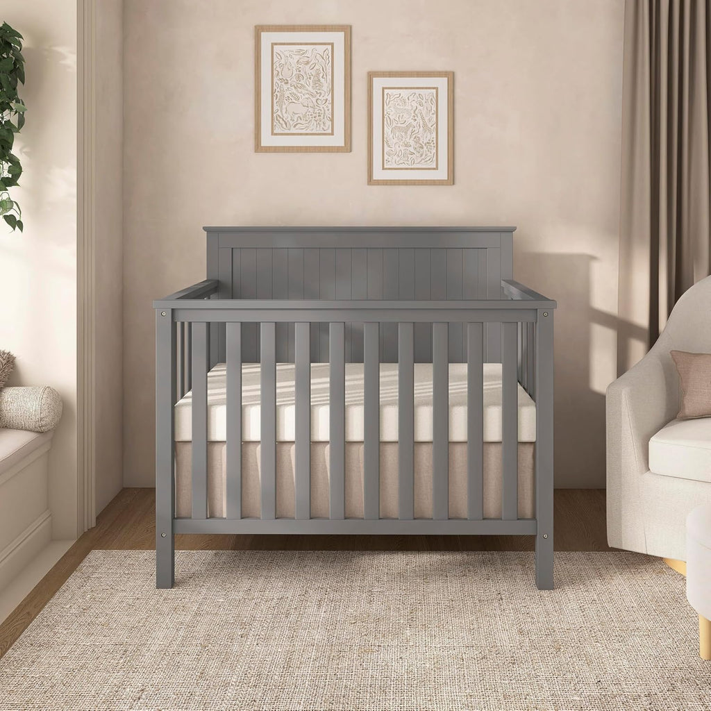 Dream On Me Ava 4-in-1 Mini Baby Crib with Daybed & Twin Bed Conversion in Steel Grey, GreenGuard Gold & BSA, Non-Toxic Finish, 3-Position Adjustable Height, Includes 1″ Mattress Pad