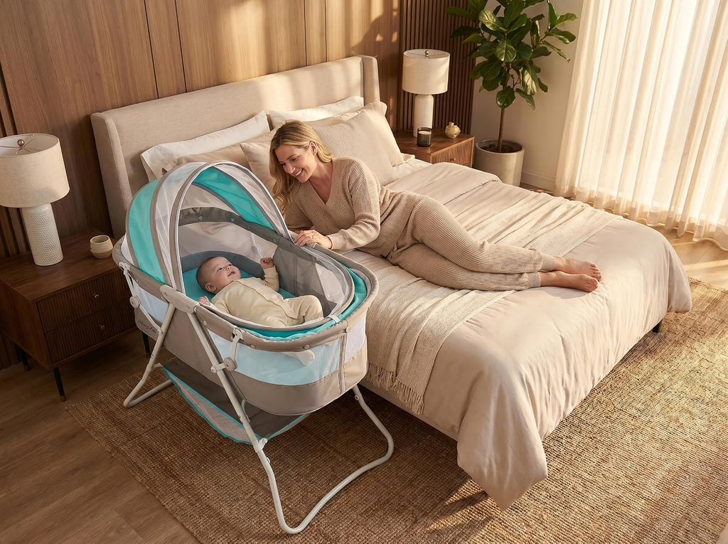 Dream On Me Karley Portable Infant Bassinet, Double Mesh Canopy, Blue/Grey