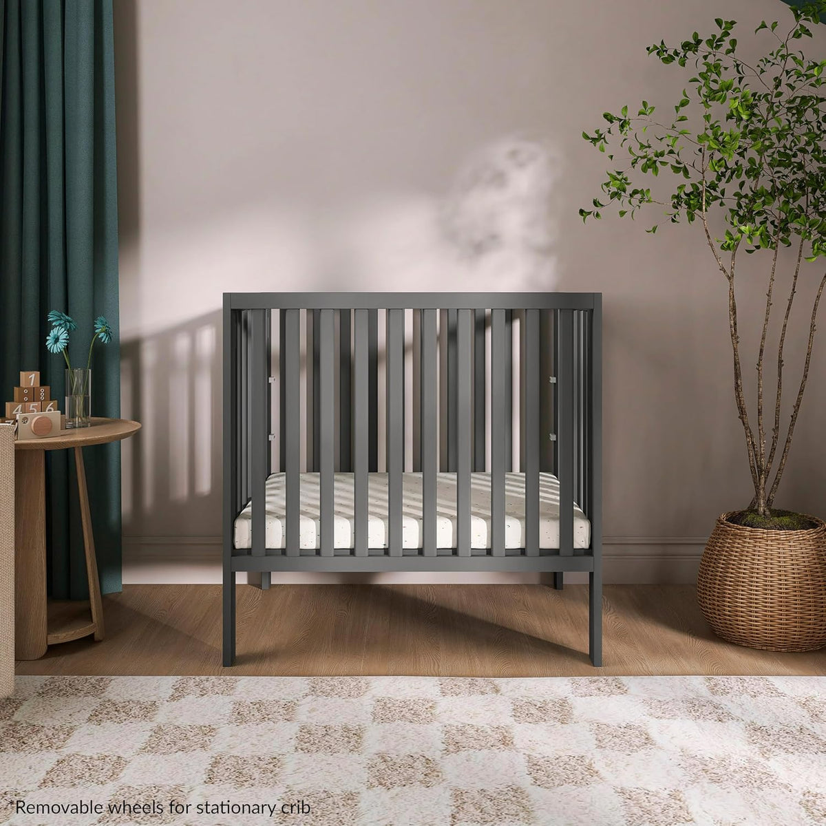 Dream On Me Jett Mini Folding Baby Crib in Pebble Grey, GreenGuard Gold & BSA, Lightweight & Portable, Patented Flat Folding System, Small Spaces & Travel, 1.5” Mattress Pad, 3 Heights, Safe Wheels