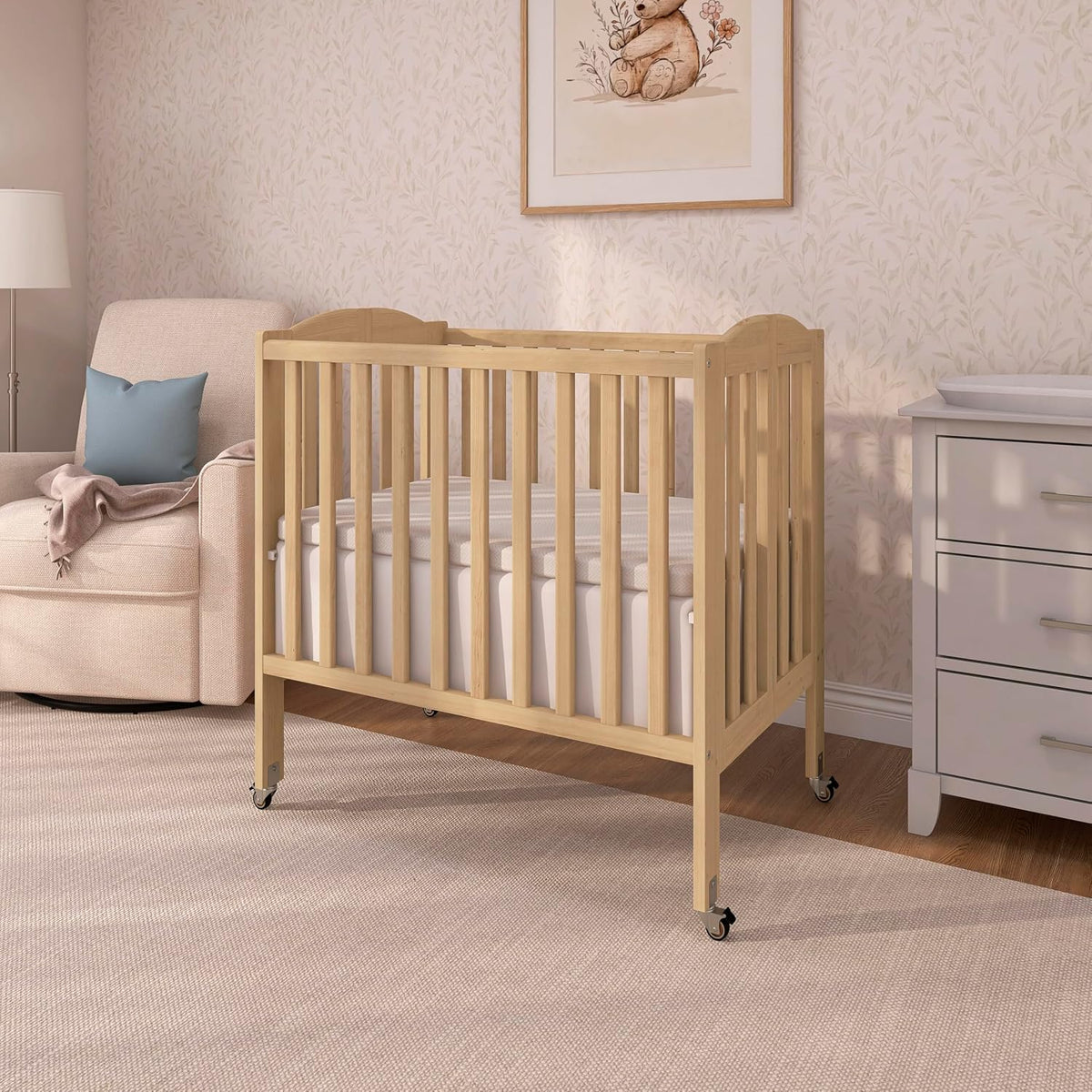 Dream On Me 2-in-1 Portable Mini Crib, Non-Full Size Baby Crib for Small Spaces, 2 Mattress Heights, Compact Travel Design, Includes Mattress, GREENGUARD Gold & BSA Certified, Natural