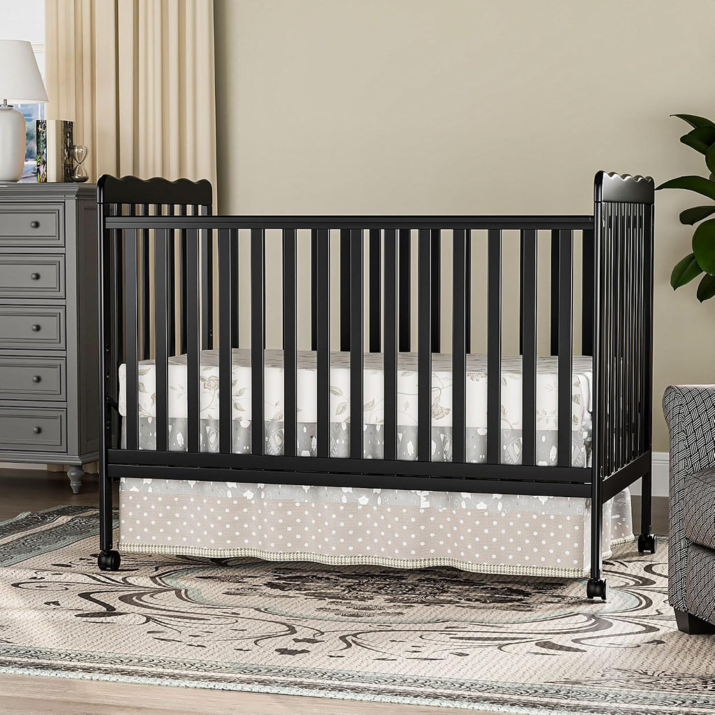 Baby Crib, 3-in-1 Convertible Crib Wood Full Size Toddler Bed with Locking Wheels for Nursery Furniture, Non-Toxic Finish (Black)
