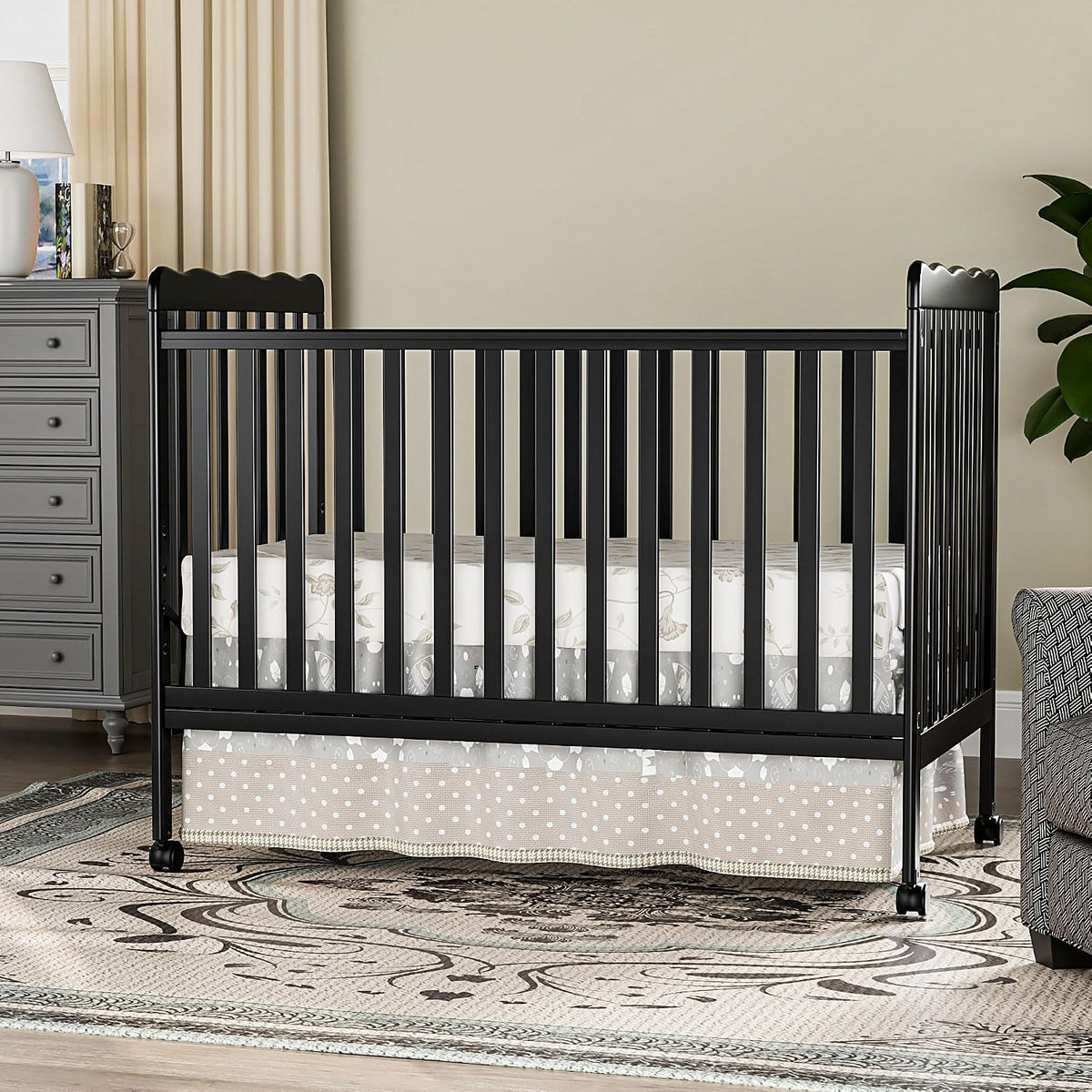 Baby Crib, 3-in-1 Convertible Crib Wood Full Size Toddler Bed with Locking Wheels for Nursery Furniture, Non-Toxic Finish (Black)