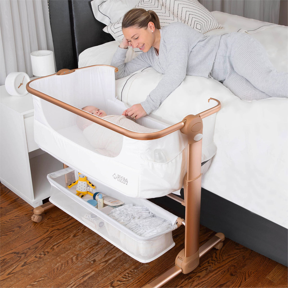 KoolerThings Baby Bassinet, Bedside Sleeper for Baby, Easy Folding Portable Crib with Storage Basket for Newborn, Bedside Bassinet, Comfy Mattress/Travel Bag Included (Bassinet) (Grey)